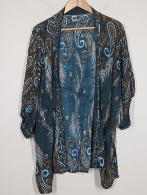 Harem Pants Teal Paisley Feather Kimono Duster Coverup Rayon One Size Boho